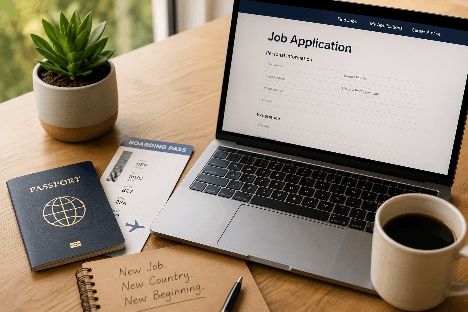 Passport, boarding pass, and laptop with a job application, symbolizing relocating to Germany for an IT job with visa sponsorship