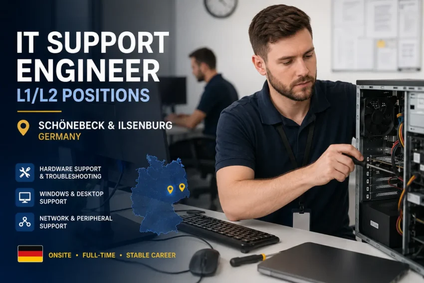 IT Support Engineer repairing a desktop computer in an onsite German IT workplace, representing L1/L2 support jobs in Schönebeck and Ilsenburg.