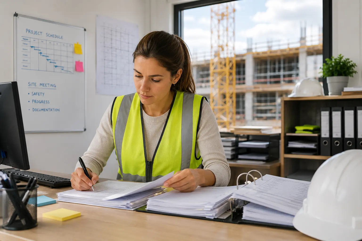 Construction administrator managing project documents in a German construction site office