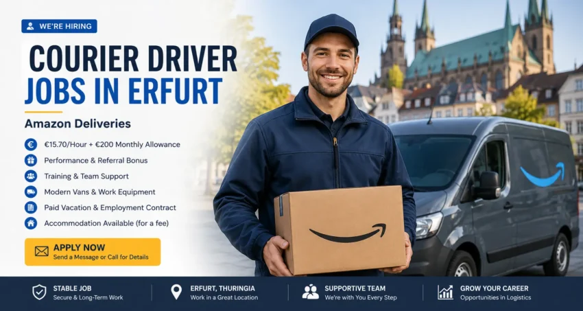 Courier driver delivering Amazon packages in Erfurt, Germany