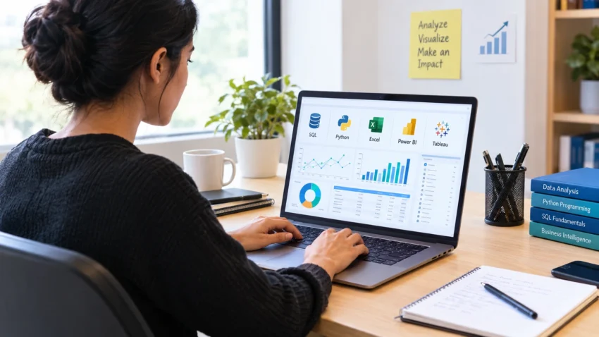 Remote data analyst intern working with data analytics tools on a laptop