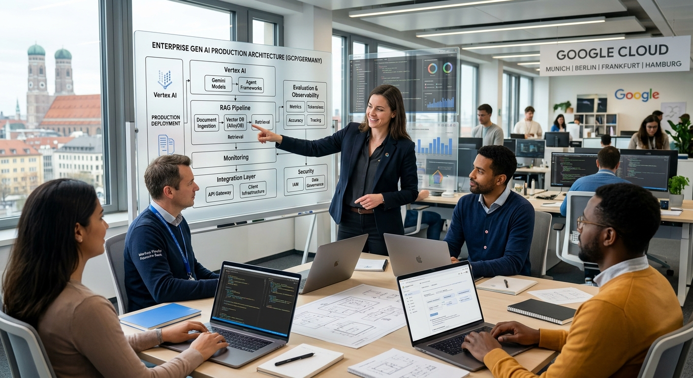 A female Senior Forward Deployed Engineer presenting a Generative AI production architecture on a whiteboard to client engineers in a Google Cloud office in Germany.