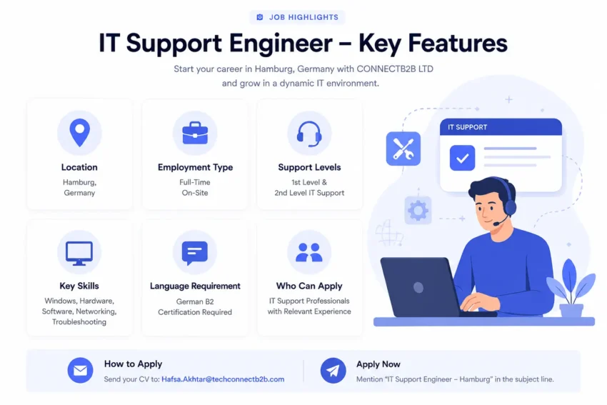 IT Support Engineer job highlights in Hamburg Germany including IT support skills, German B2 requirement, full-time on-site role, and application details