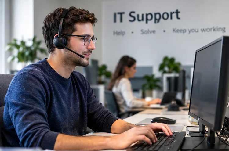 IT support specialist working at a computer helpdesk in Germany