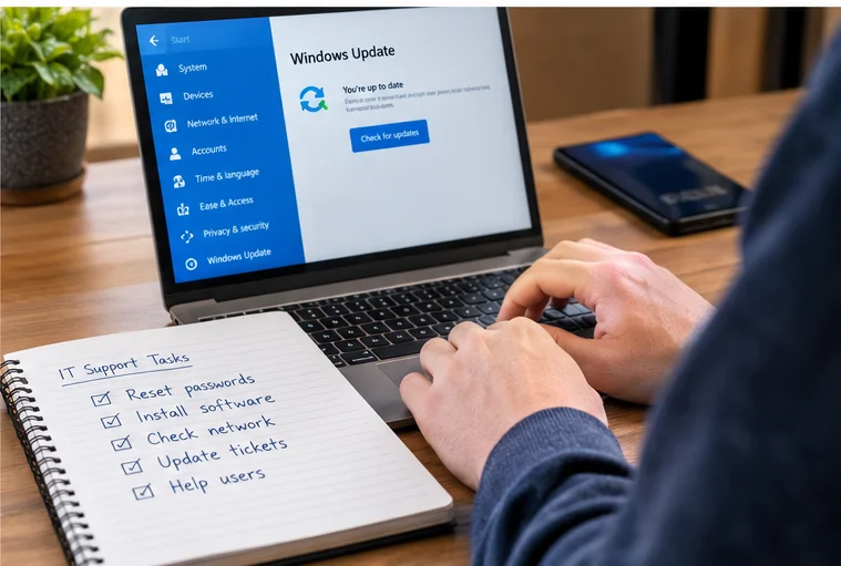 IT support specialist troubleshooting a laptop and completing technical support tasks