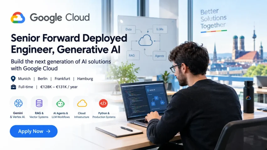 Senior Generative AI Engineer job at Google Cloud in Germany, featuring a developer working with Gemini, Vertex AI, RAG, AI agents, and cloud infrastructure