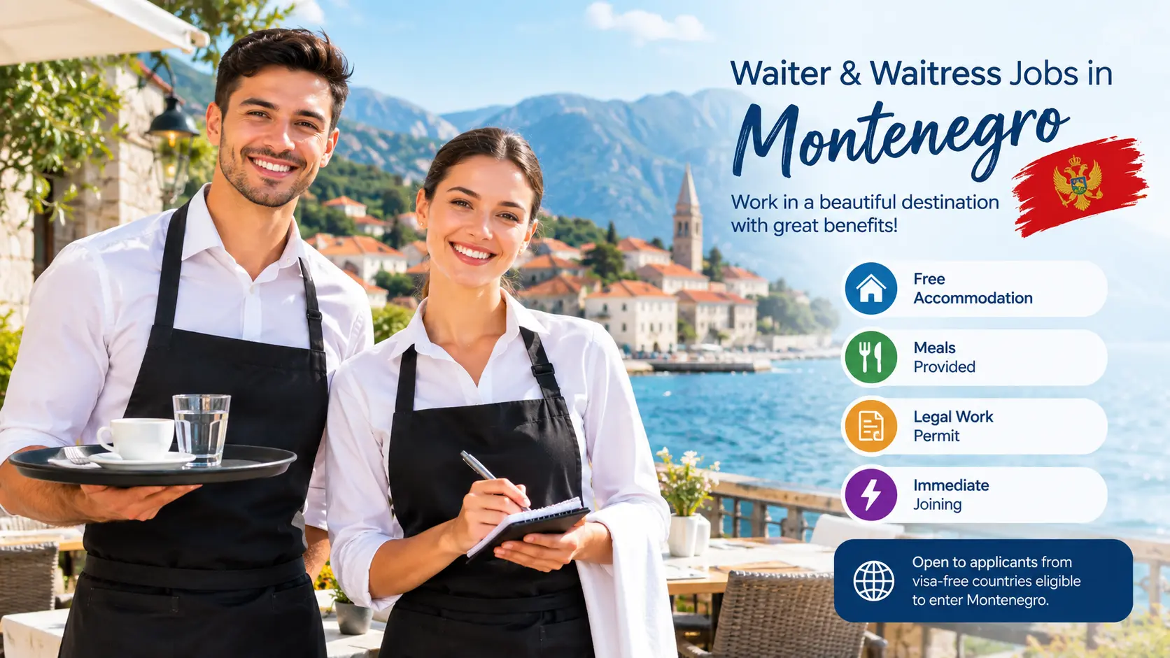 Waiter and waitress jobs in Montenegro with free accommodation and meals