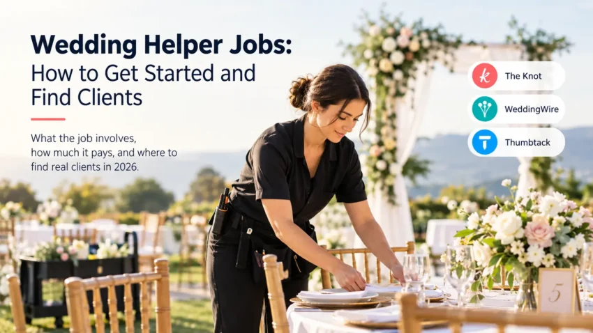 Wedding helper arranging table decorations at an outdoor wedding in 2026